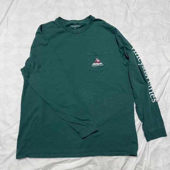 Vineyard Vines Happy Holidays Christmas Long Sleeve Tee, Green, XL - Picture 1 of 5
